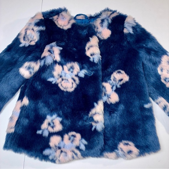 Janie and Jack Faux Fur Floral Coat Jacket Size 18-24 mos Toddler Blue Pink - Picture 2 of 6